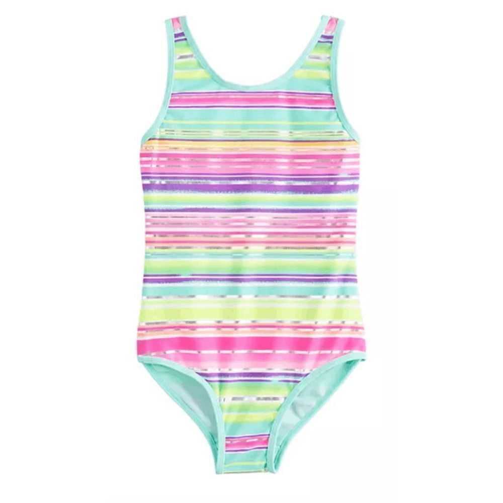 Girls One Piece Swimsuit Shiny Stripes Back Cross-Straps‎
